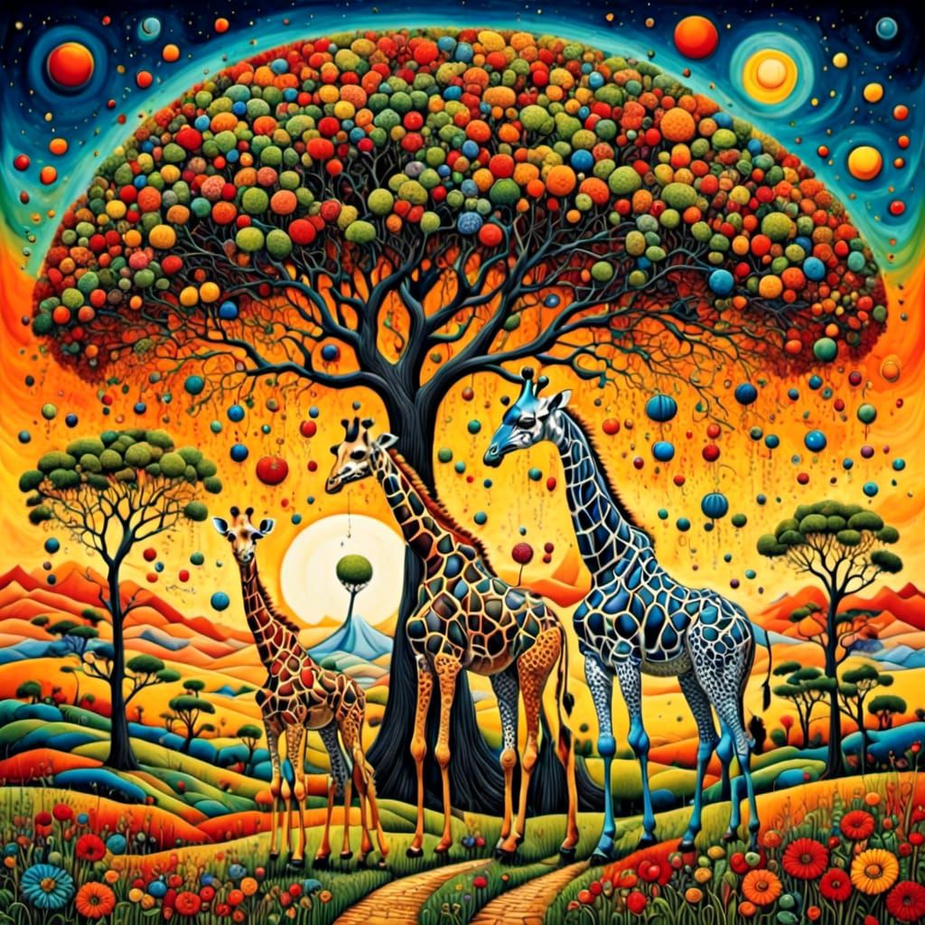 Surreal Giraffe in African Landscape with Collage Elements