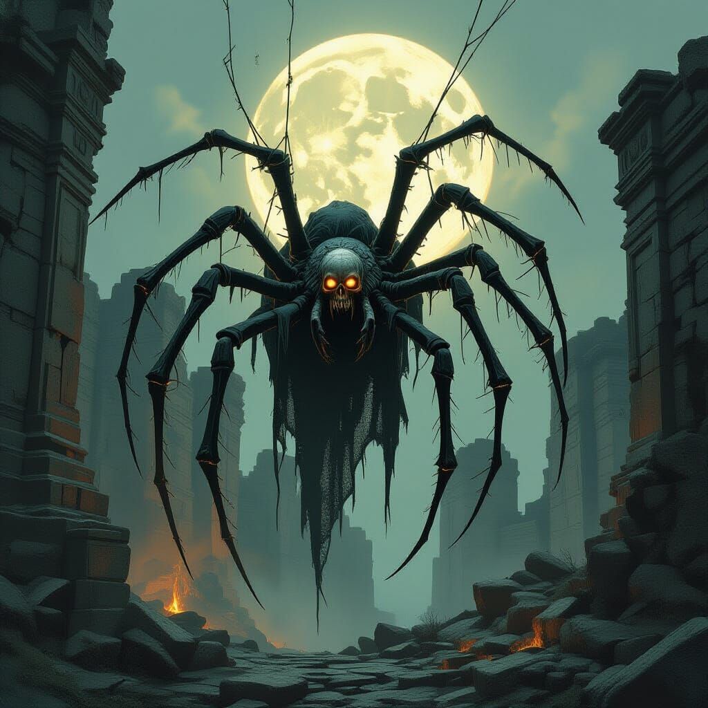 Undead Spider Ascends Necrotic Web in Gothic Ruins