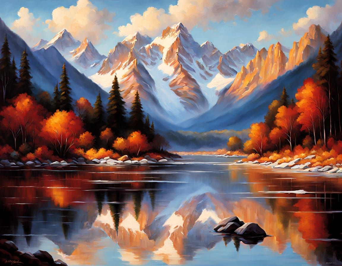 Majestic Himalayas Sunrise Reflected in River, Impressionist...