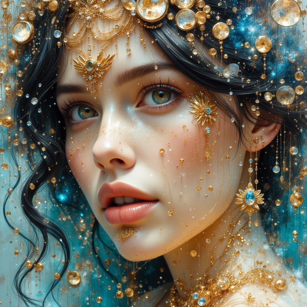 Mysterious Beauty Portrait with Diamonds and Gold