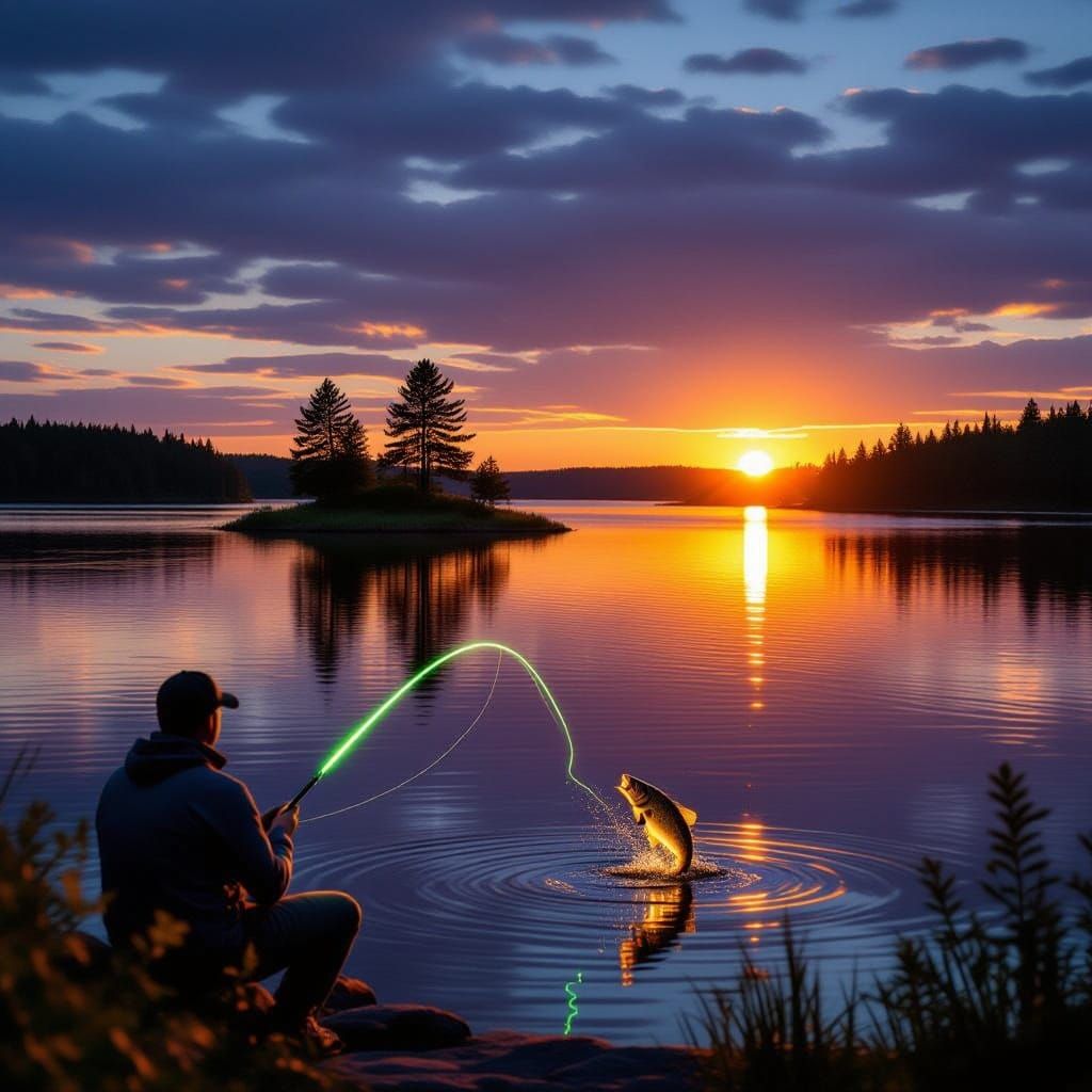 Serene Lake Sunset with Fisherman and Glowing Rod