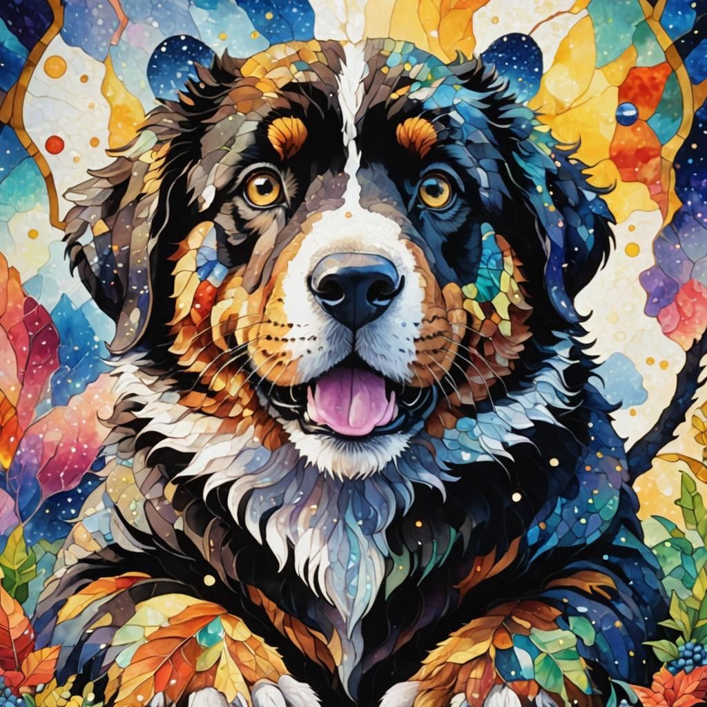 Stained Glass Alien in Glowing Forest, Pointillism Art