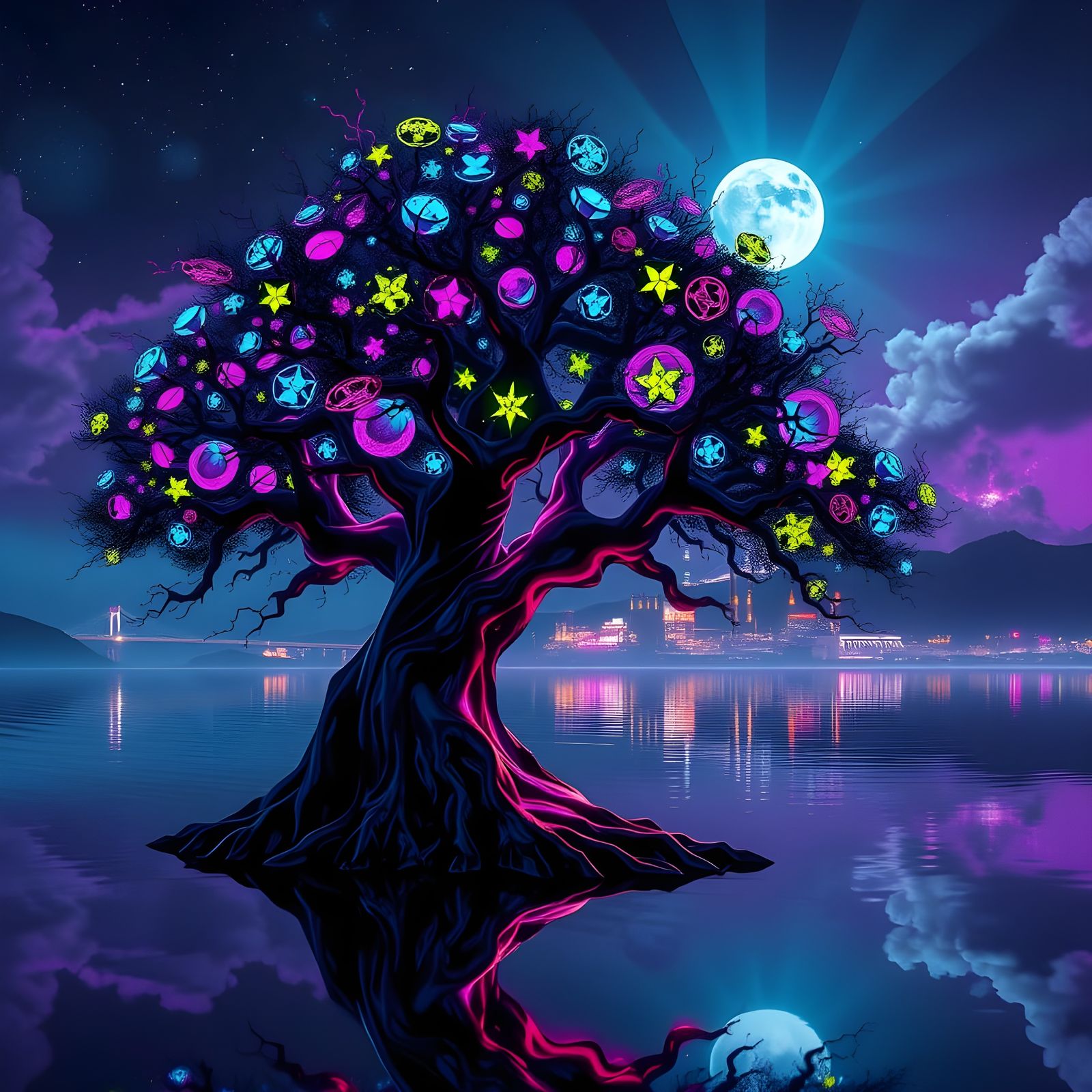 Cyberpunk Tree in Neon Hues