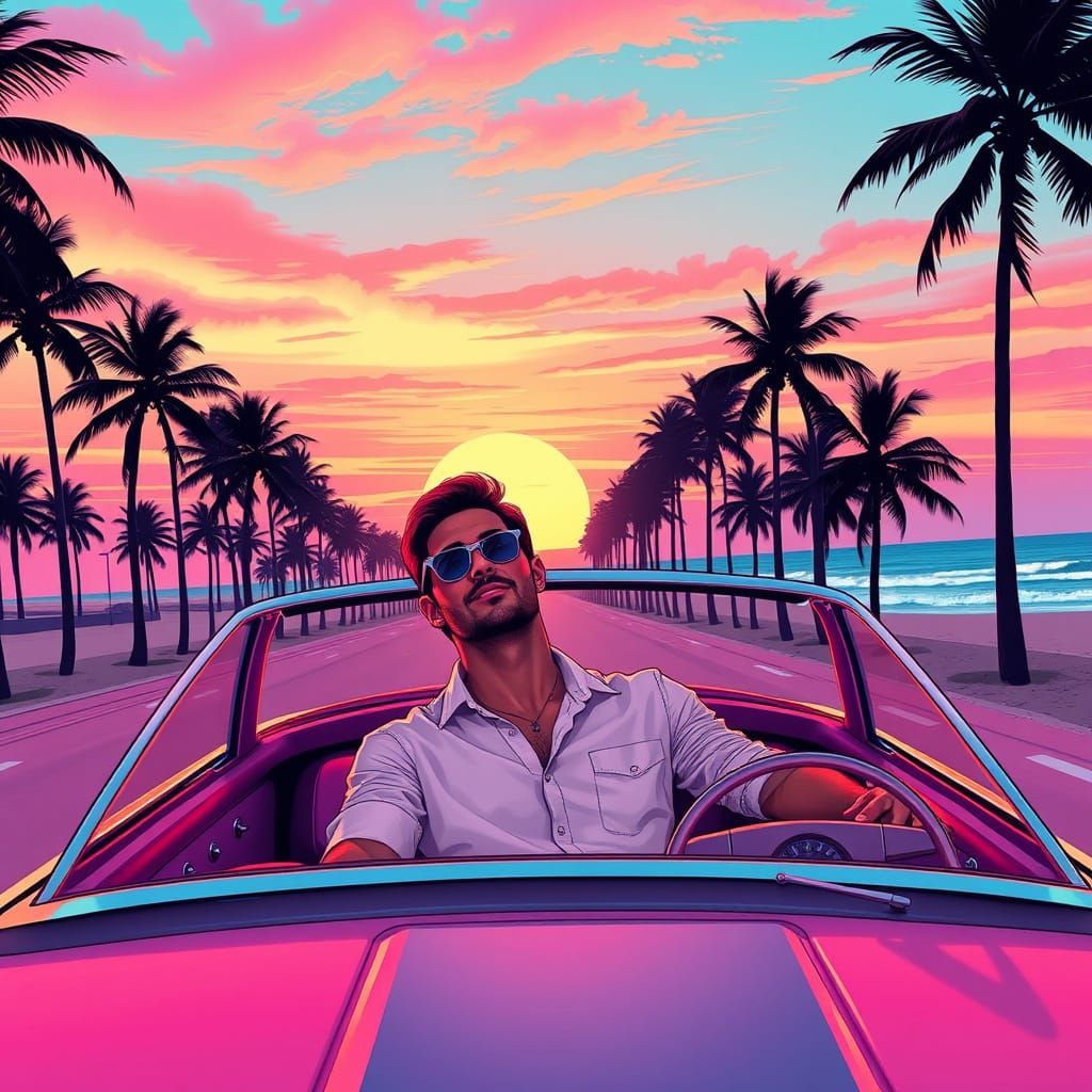 Relaxed Man Drives Convertible Down Beach Avenue at Sunset