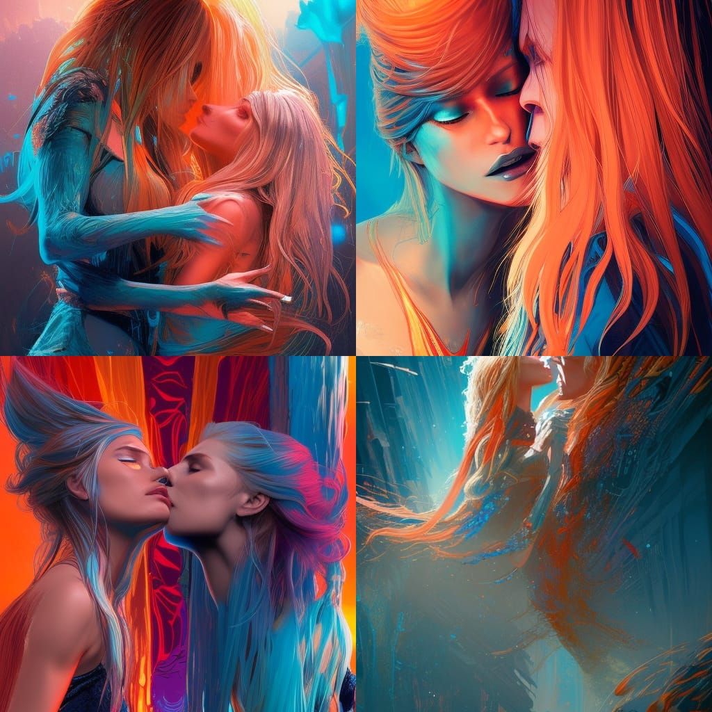 Blonde Women Kissing in Orange and Teal Poster Art