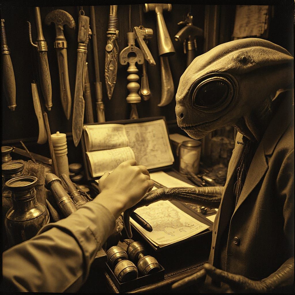 Alien Vendor Stall in Sepia Photography Style