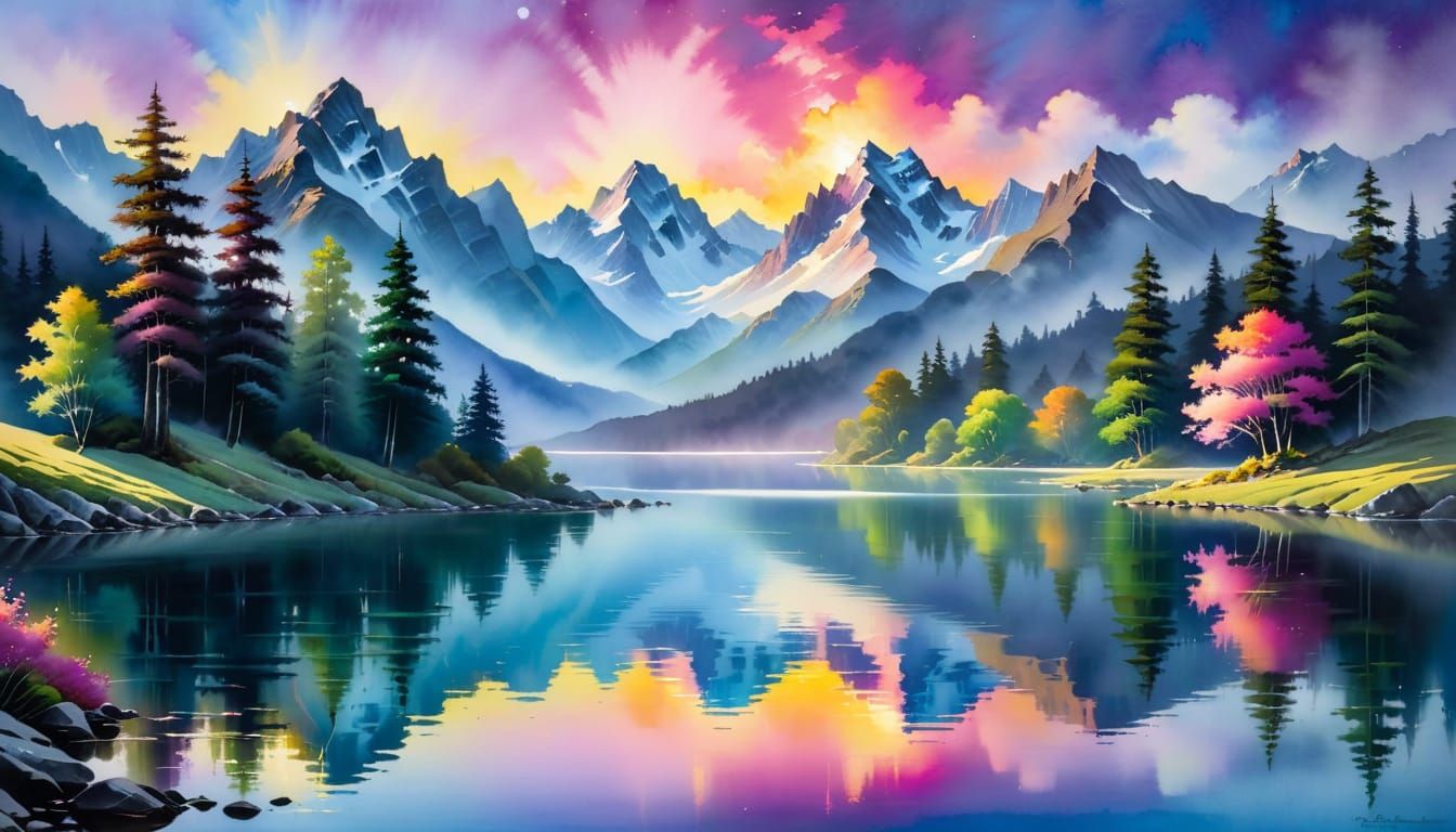 Serene Mountain Lake With Colorful Reflections in Watercolor...