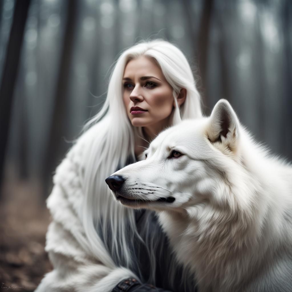 Woman with White Hair and White Wolf