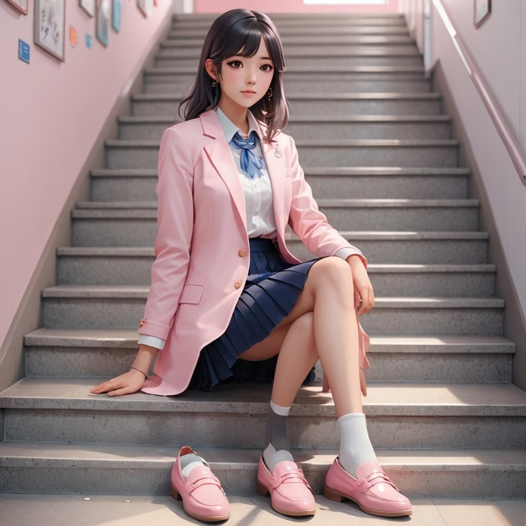 Preppy Girl in Pink Blazer: 3D Anime Art