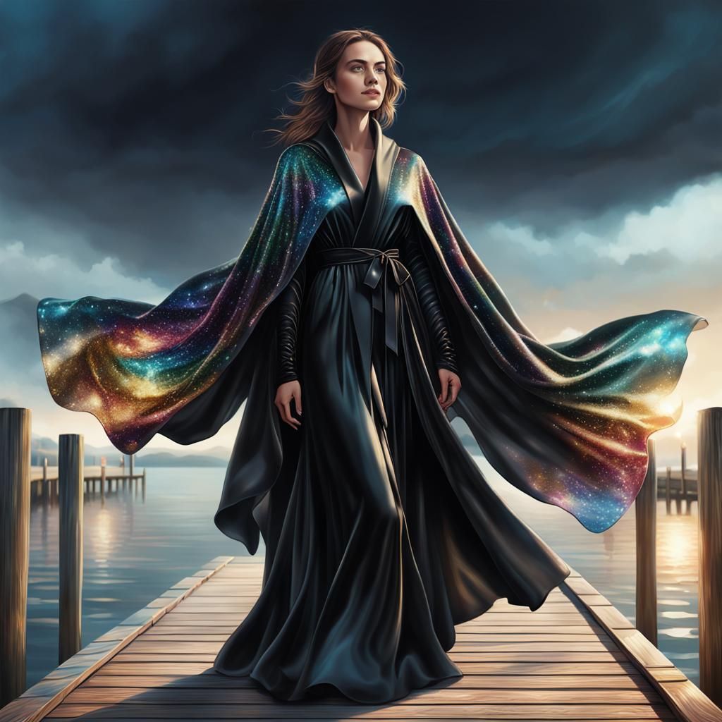 Woman in Sparkling Cloak on Dock