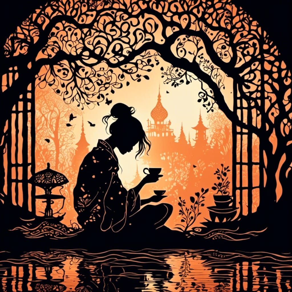 <lora:Bohemian Zentangle:1.0> Lost tea house, silhouette, auburn light background, dark fantasy, emotional
