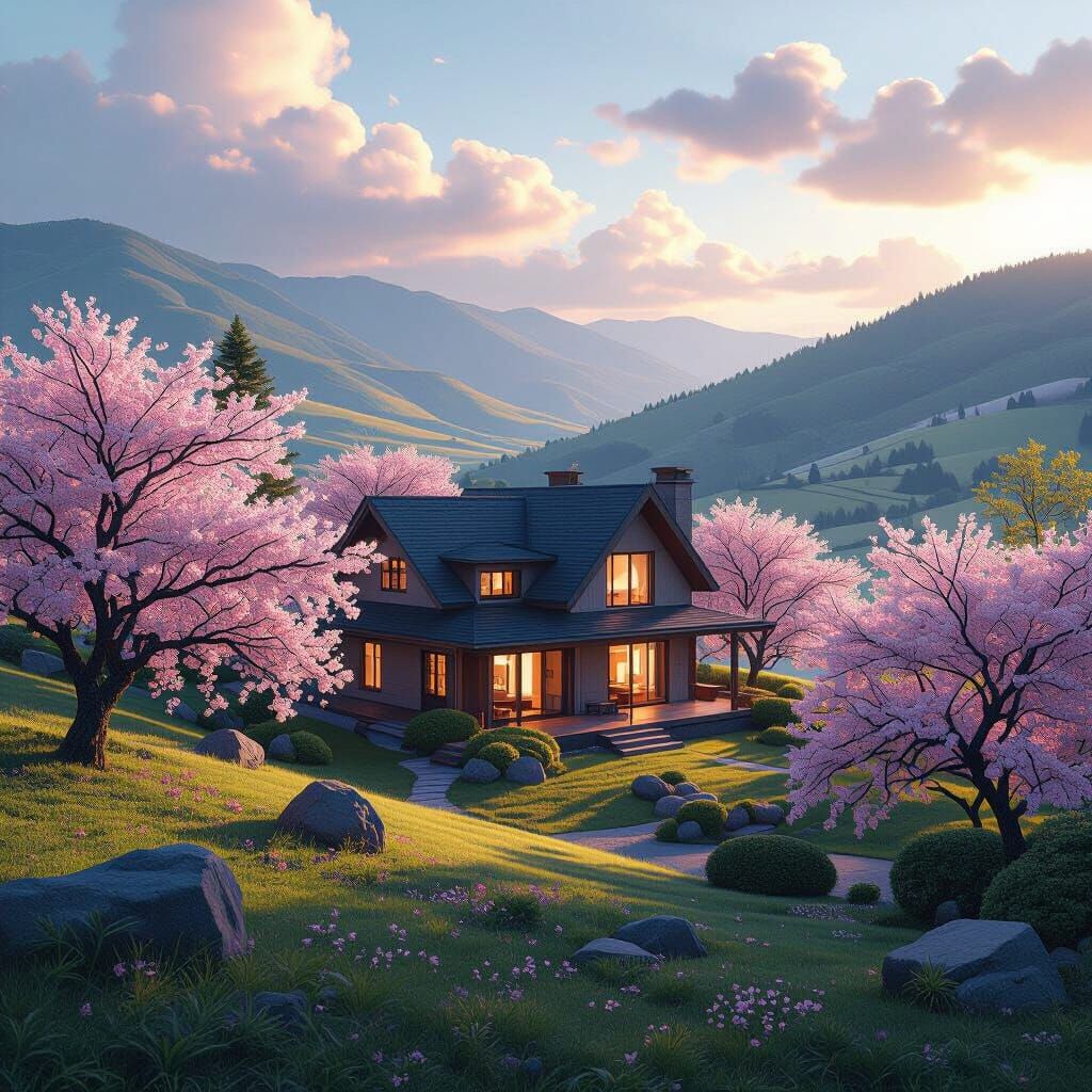 Cherry Blossom Home in Rolling Hills: Digital Matte Painting
