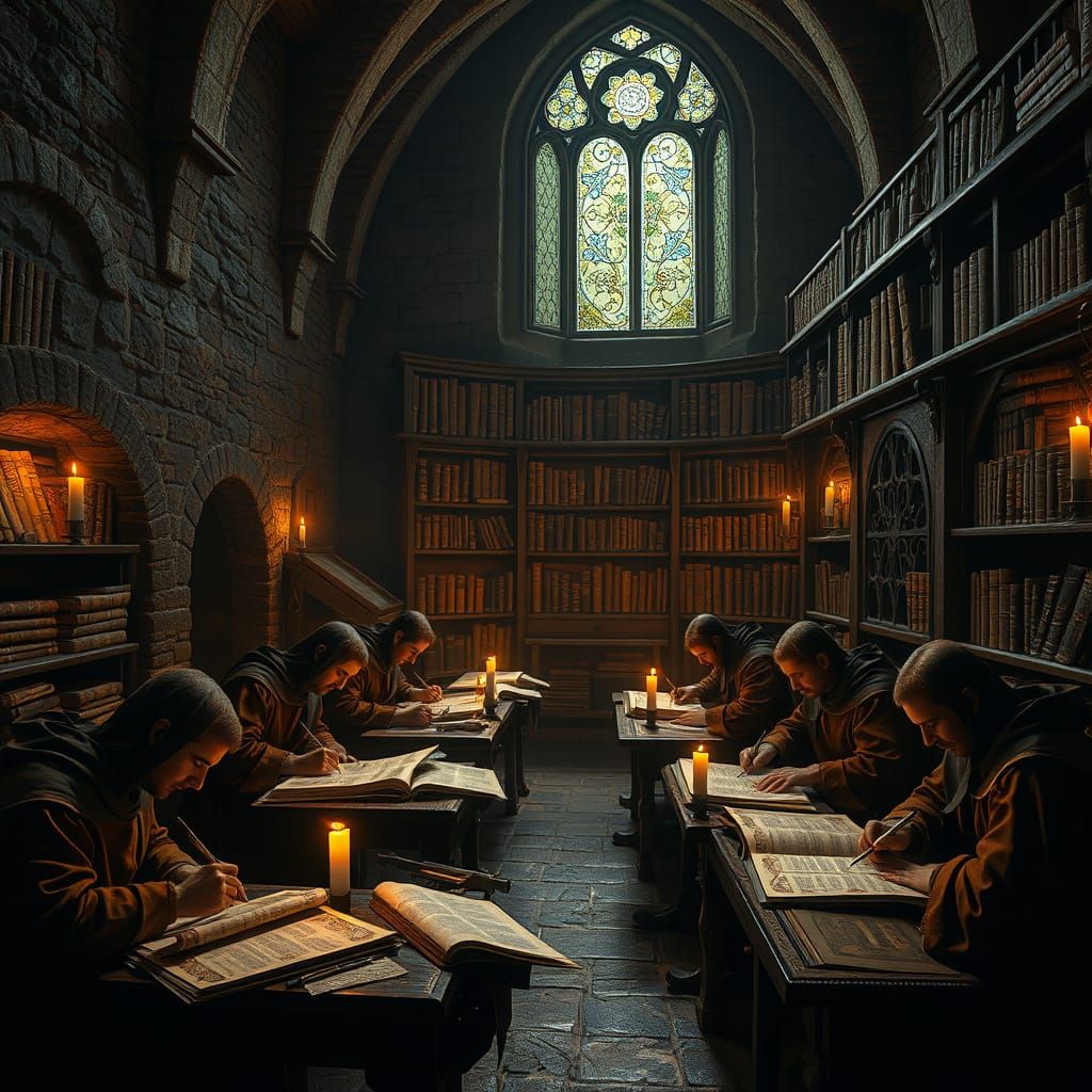 Monks Illuminating Medieval Manuscripts in a Grand Scriptori...