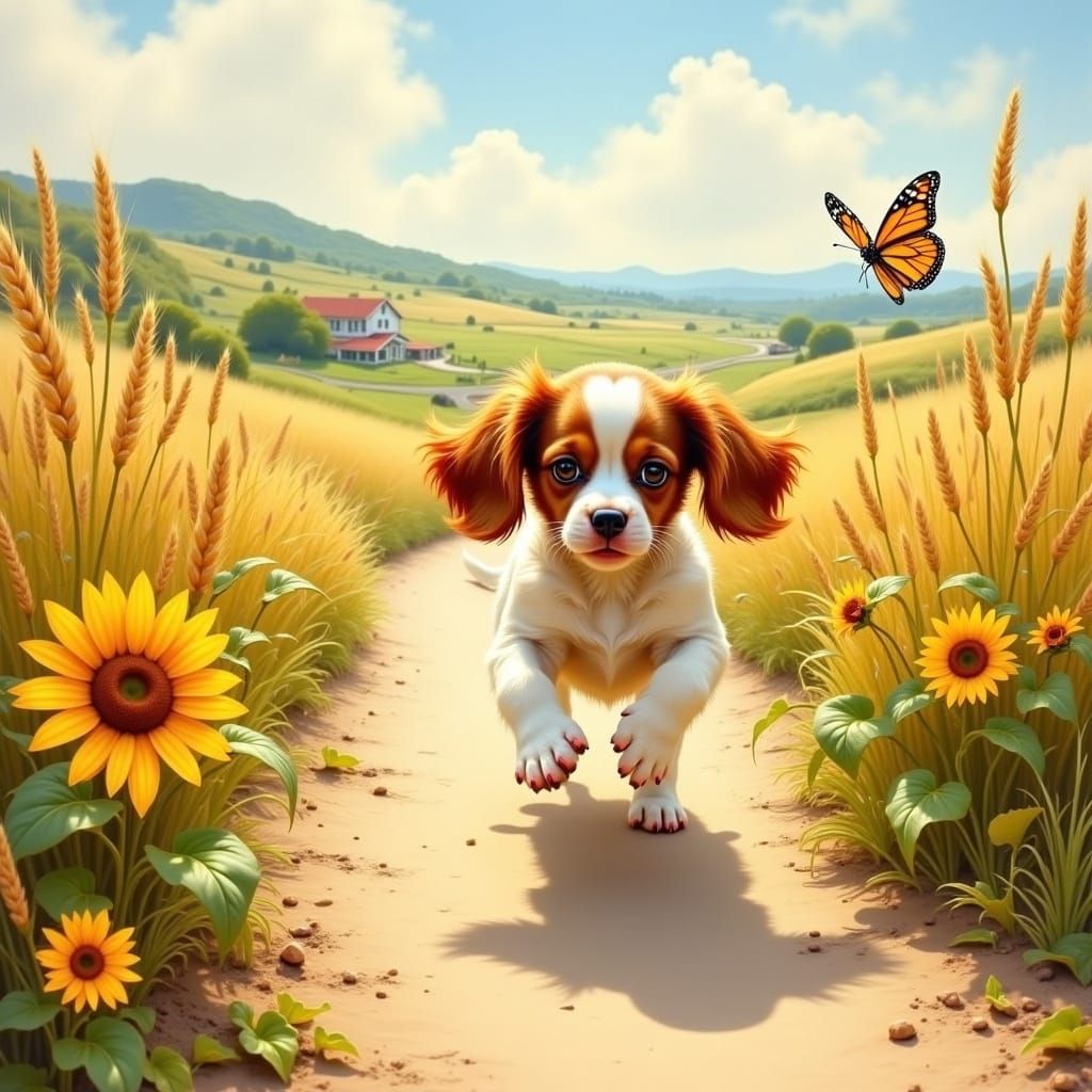 Puppy's Delight: A Cavalier Chases Butterfly in Impressionis...