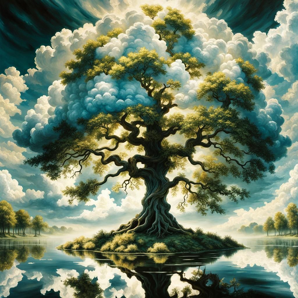 Cloud Tree of Life Reflected, Hyperrealistic Mixed-Media