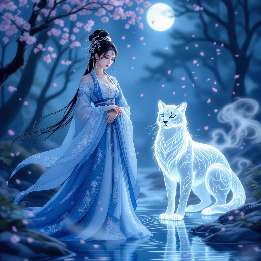 Mystical Forest Scene: Girl and Illusion Cheetah