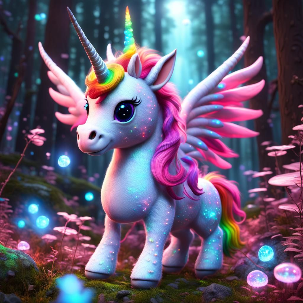 Pink Unicorn in Bioluminescent Forest: 3D Digital Art