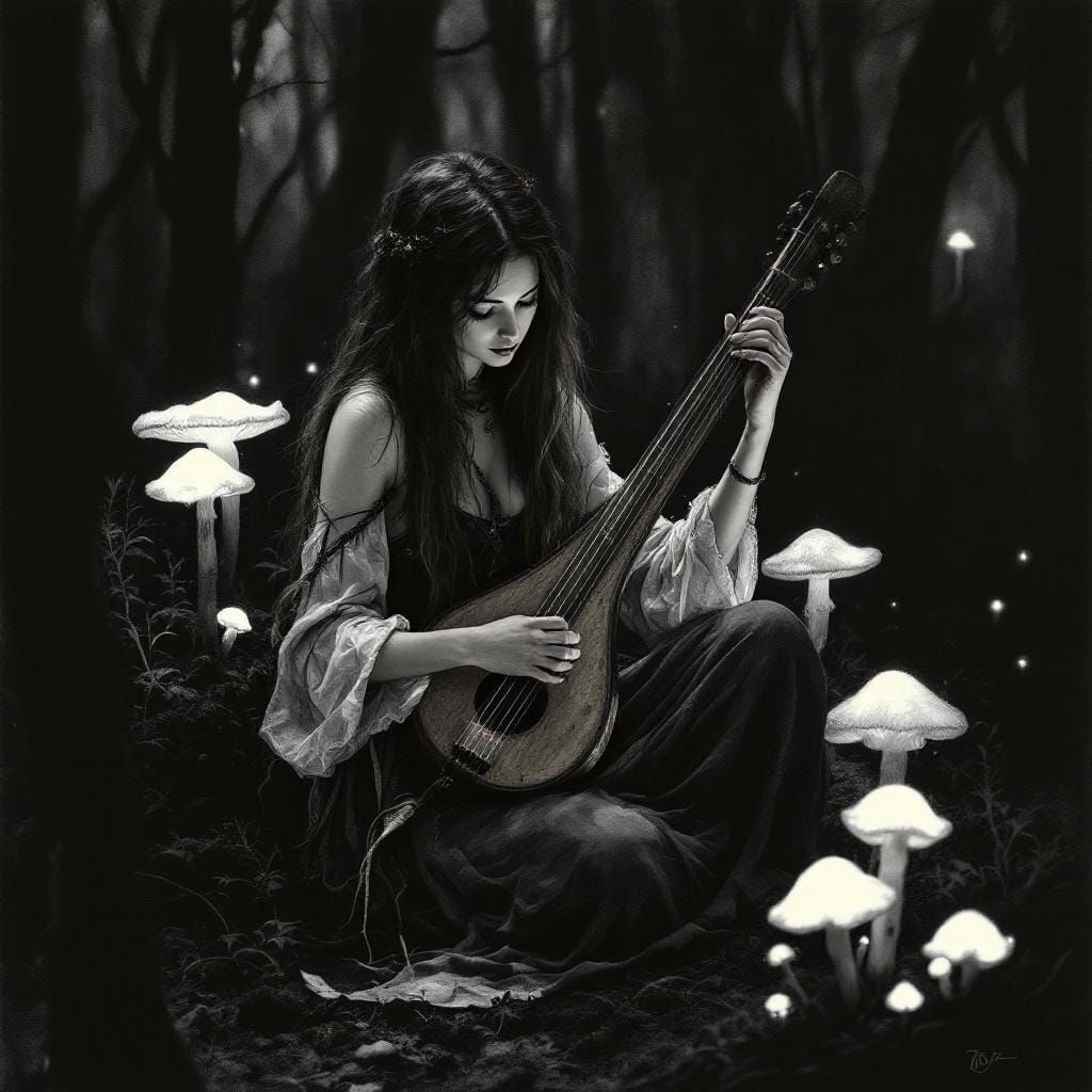 Gypsy Woman in Forest: Dramatic Charcoal Drawing