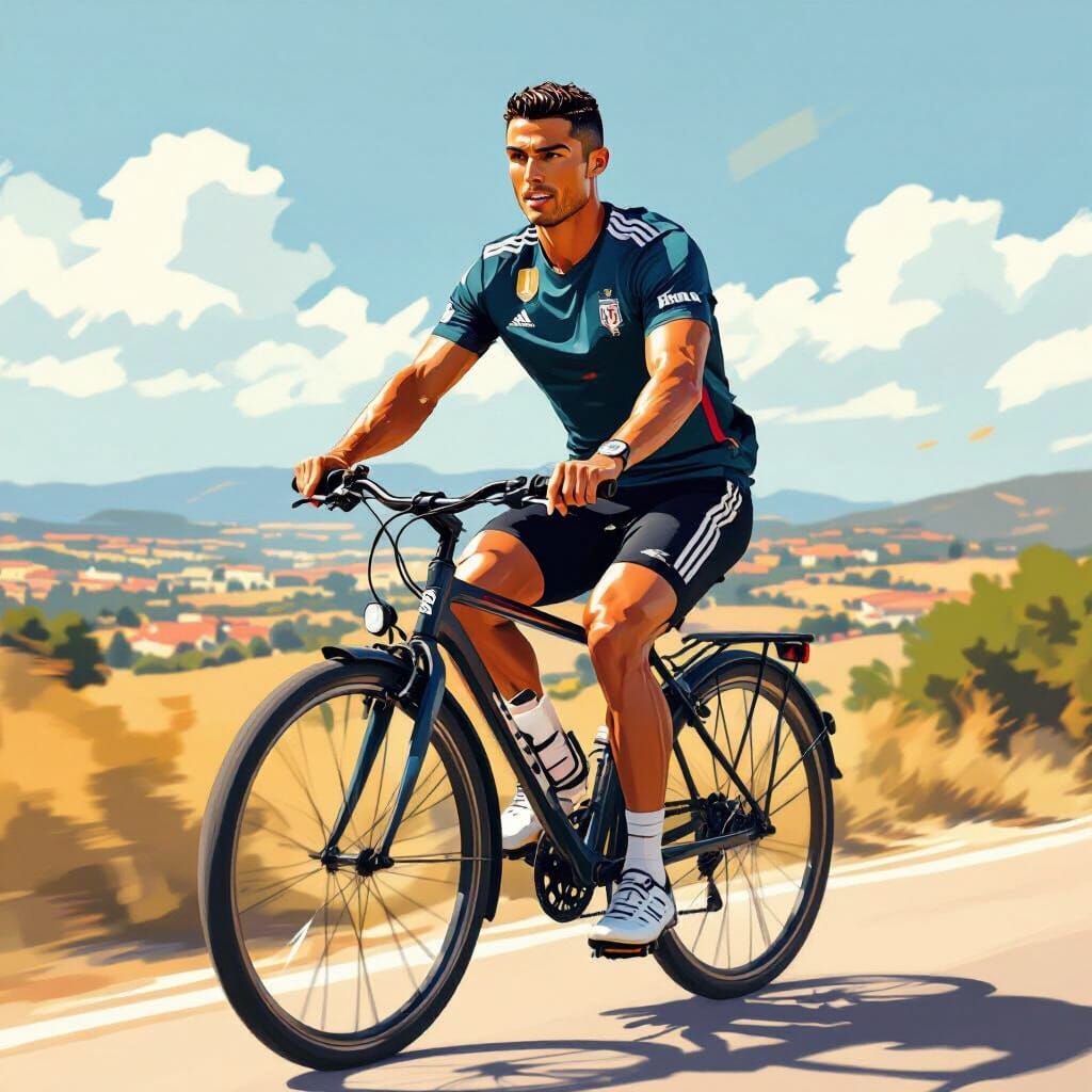 Cristiano Ronaldo Rides Bicycle in Vibrant Digital Art