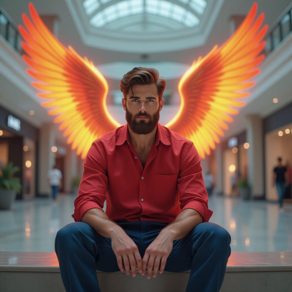 Fiery Angel Wings Float Above Modern Shopping Mall