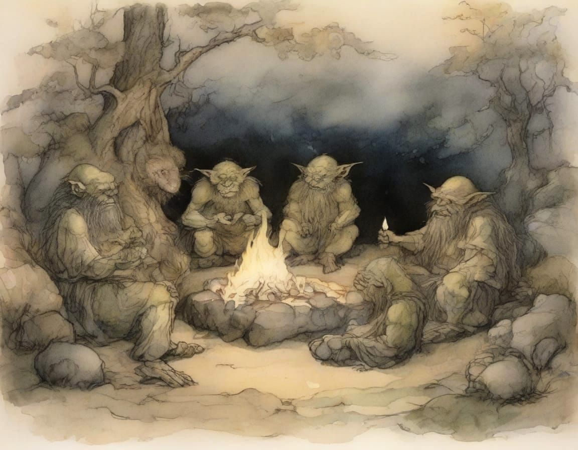 Whimsical Creatures Gather Around a Fairy's Campfire Tale