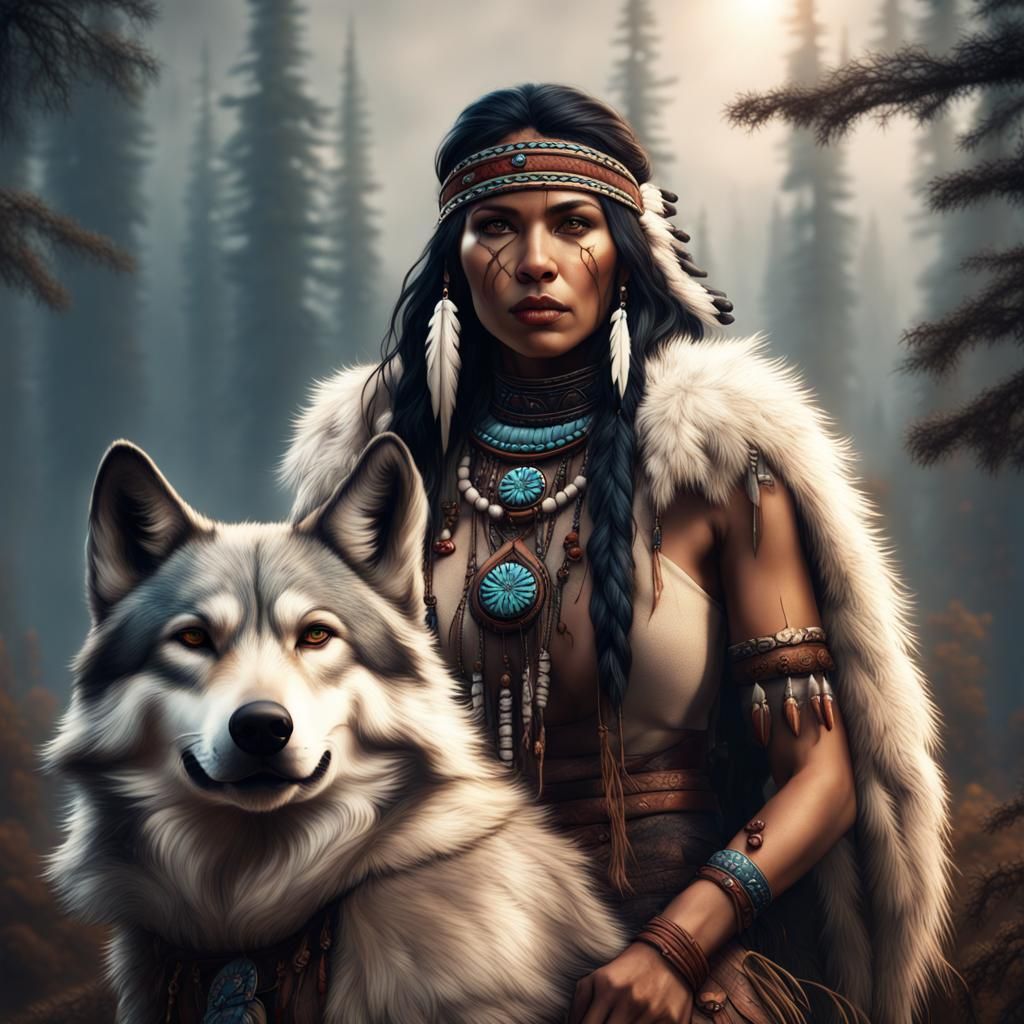 Native American Woman with Wolf in Fantasy Art