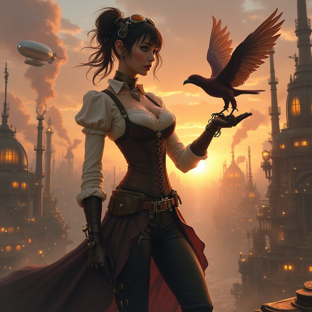 Steampunk Woman in Futuristic City at Sunset