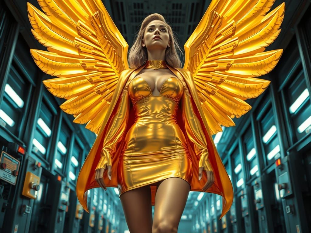 Retro-Futuristic Spacewoman Angel in Industrial Setting