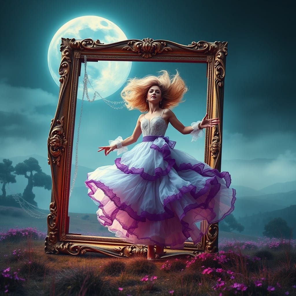 Enchanted Dreamer Dancing Through a Vast Landscape in Whimsi...