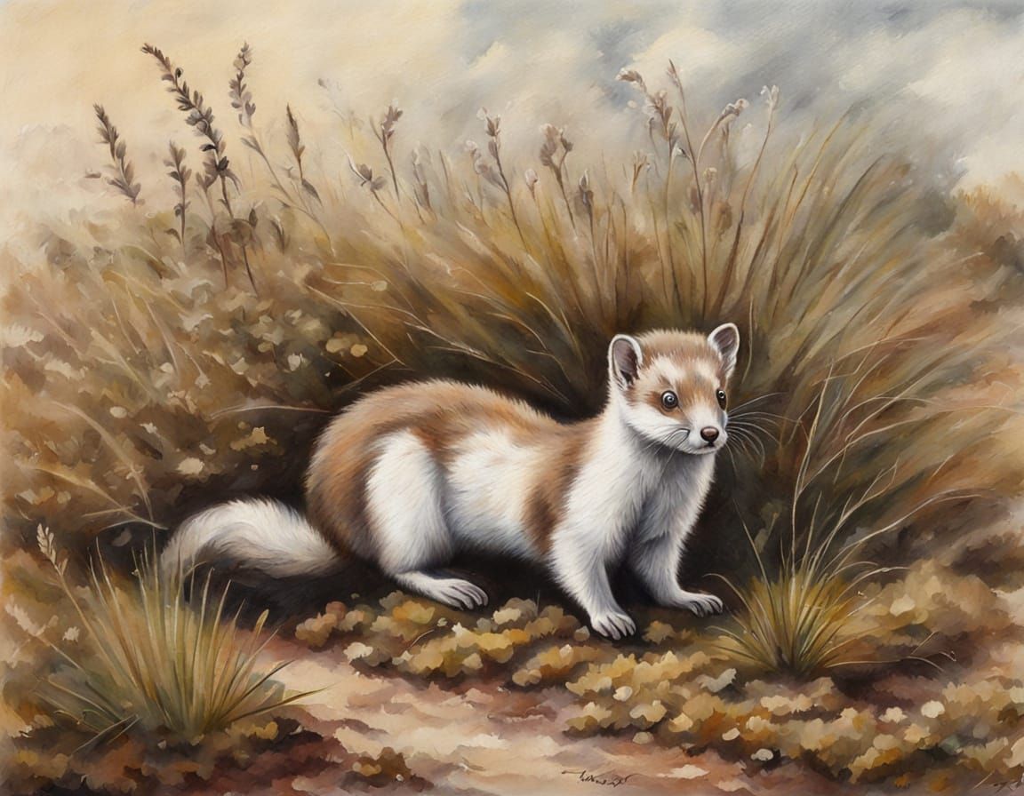 Fluffy Stoat in Heathlands: Rococo Airbrush Oil Painting