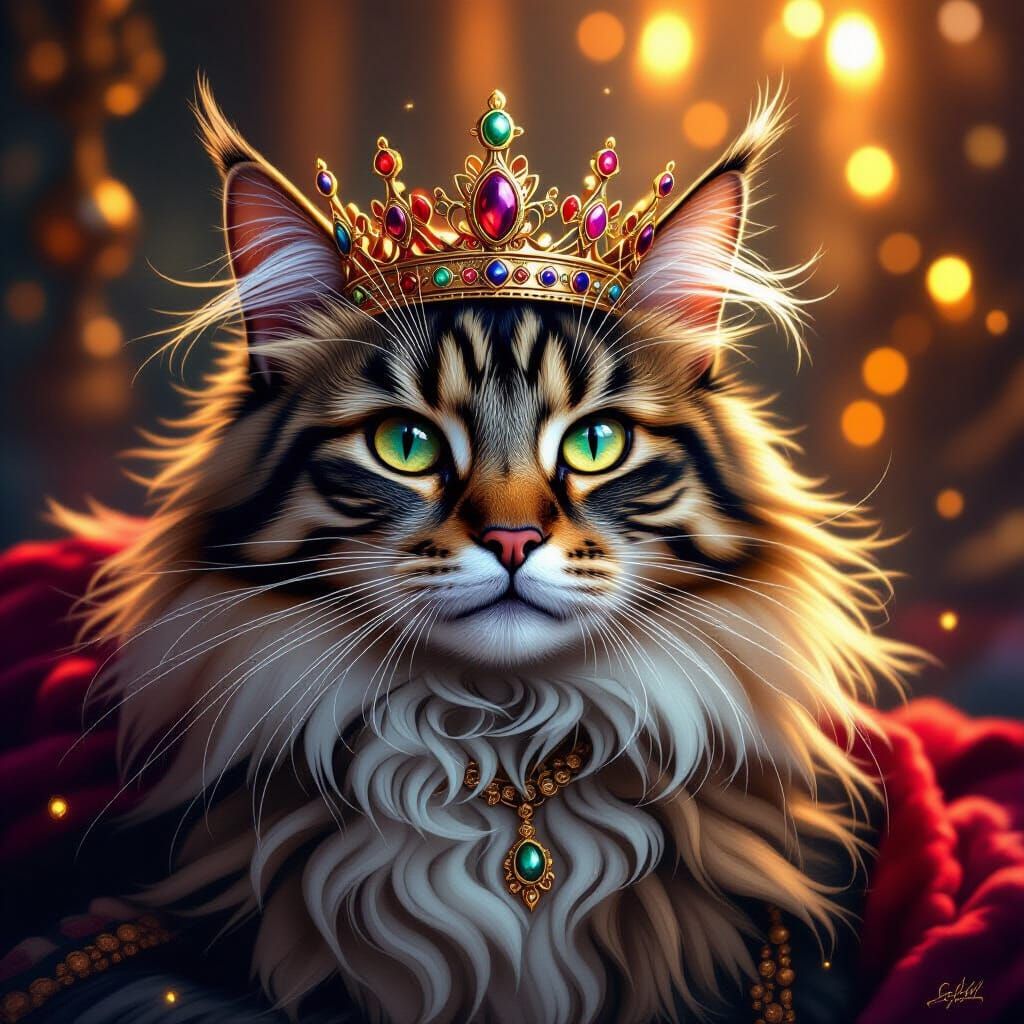 Regal Cat with Crown in Digital Art Style