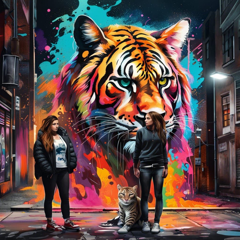 Big Cat and Women in City Graffiti Art