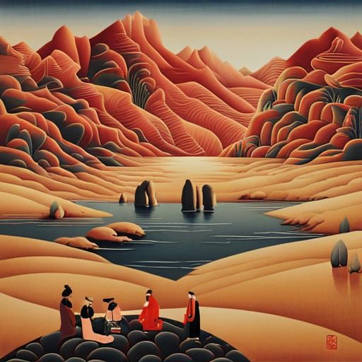 Desert Picnic Near Futuristic City in Chinese Style