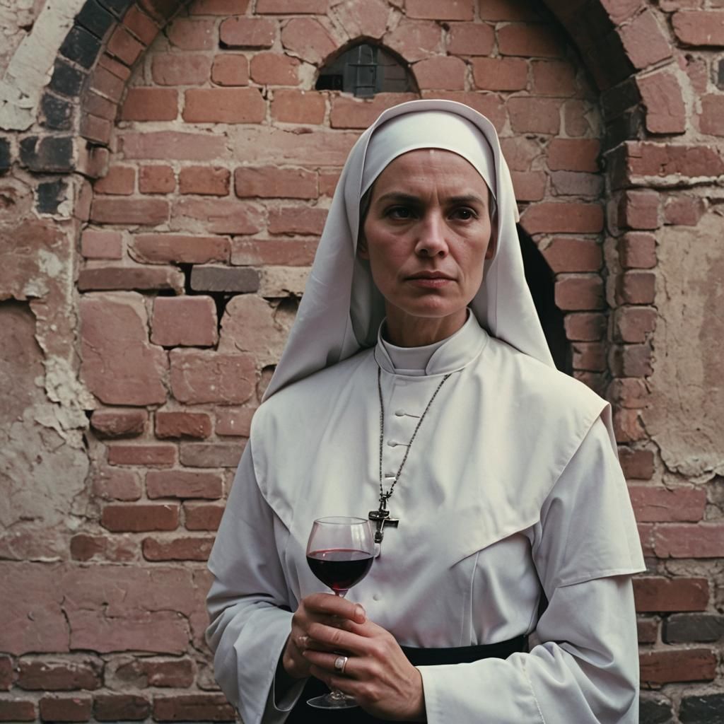 Cinematic Nun with Wine in Moody Lighting