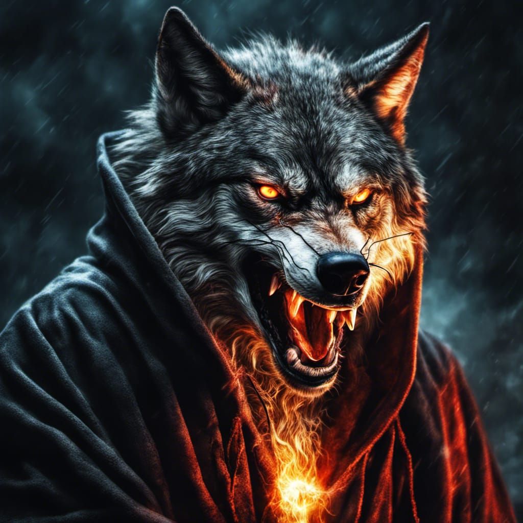 Angry Wolf with Glowing Eyes in Hooded Robe
