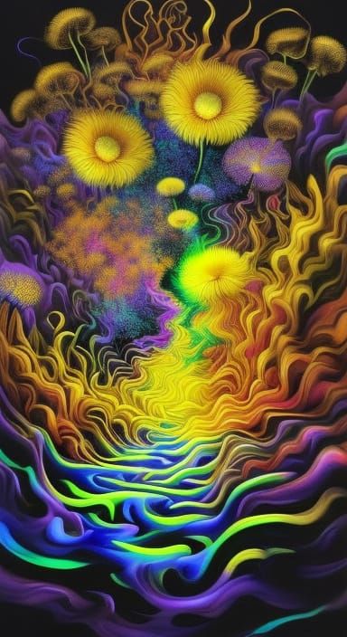 <lora:IllusionStyle0001:1.0> Blackroom:Digital art magic fantasy art floral wallpaper background dandelions psychedelic ...