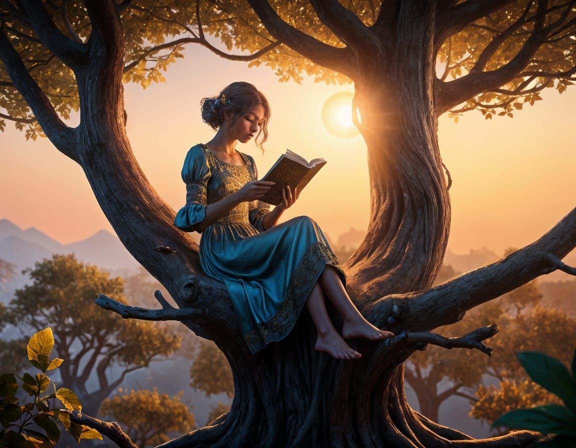Young Girl Lost in Book, Cloud Treehouse at Sunset