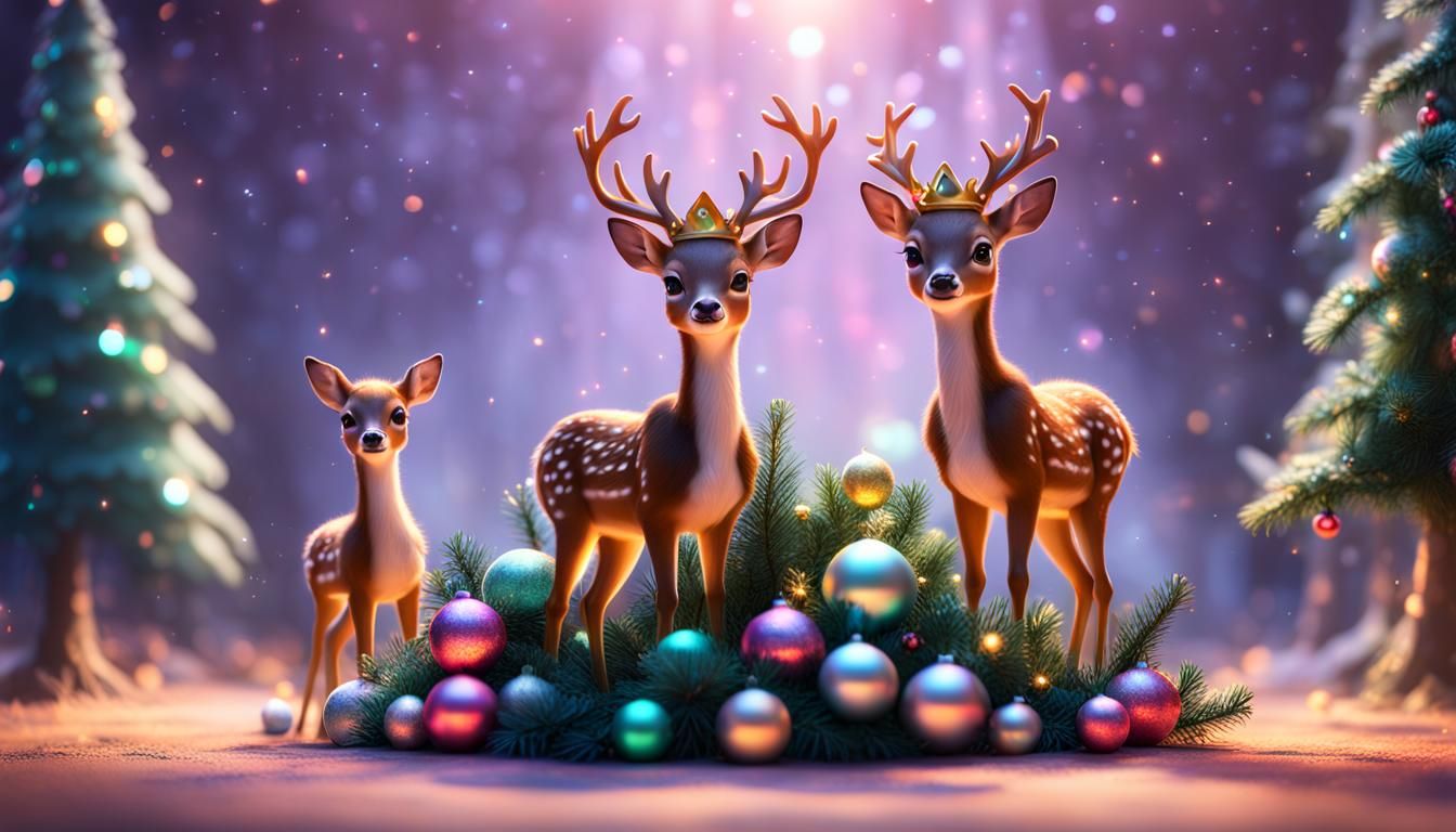 baby deers wearing crown christmas trees balls decoration et...