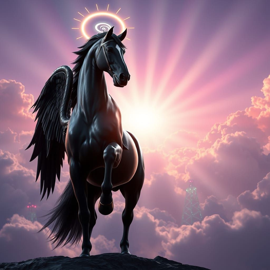 Cyberpunk Stallion Ascends in Heavenly Light