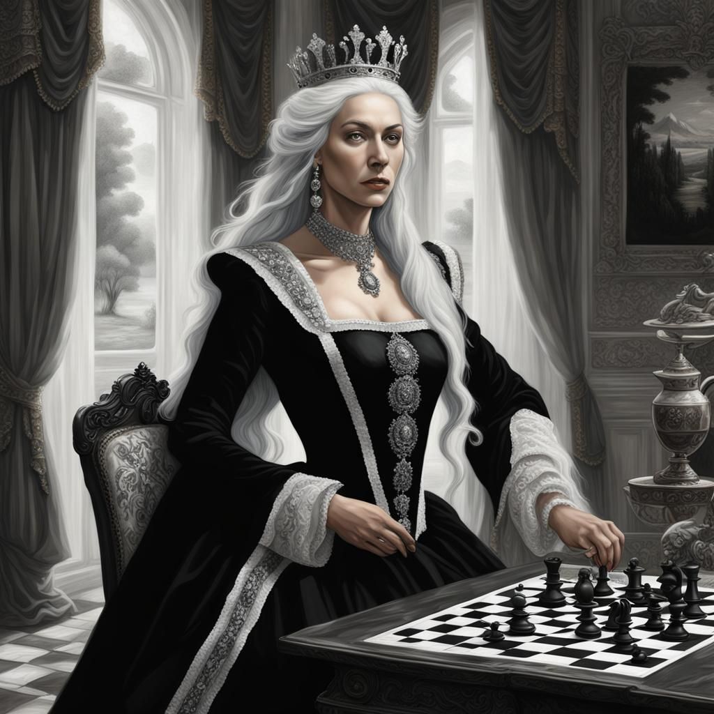 Fantasy Queen in Black and White Renaissance Style