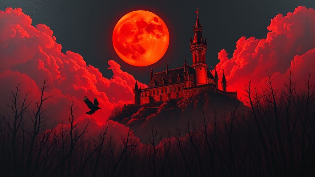 Ethereal Red Castle Soars into the Dark Night Sky