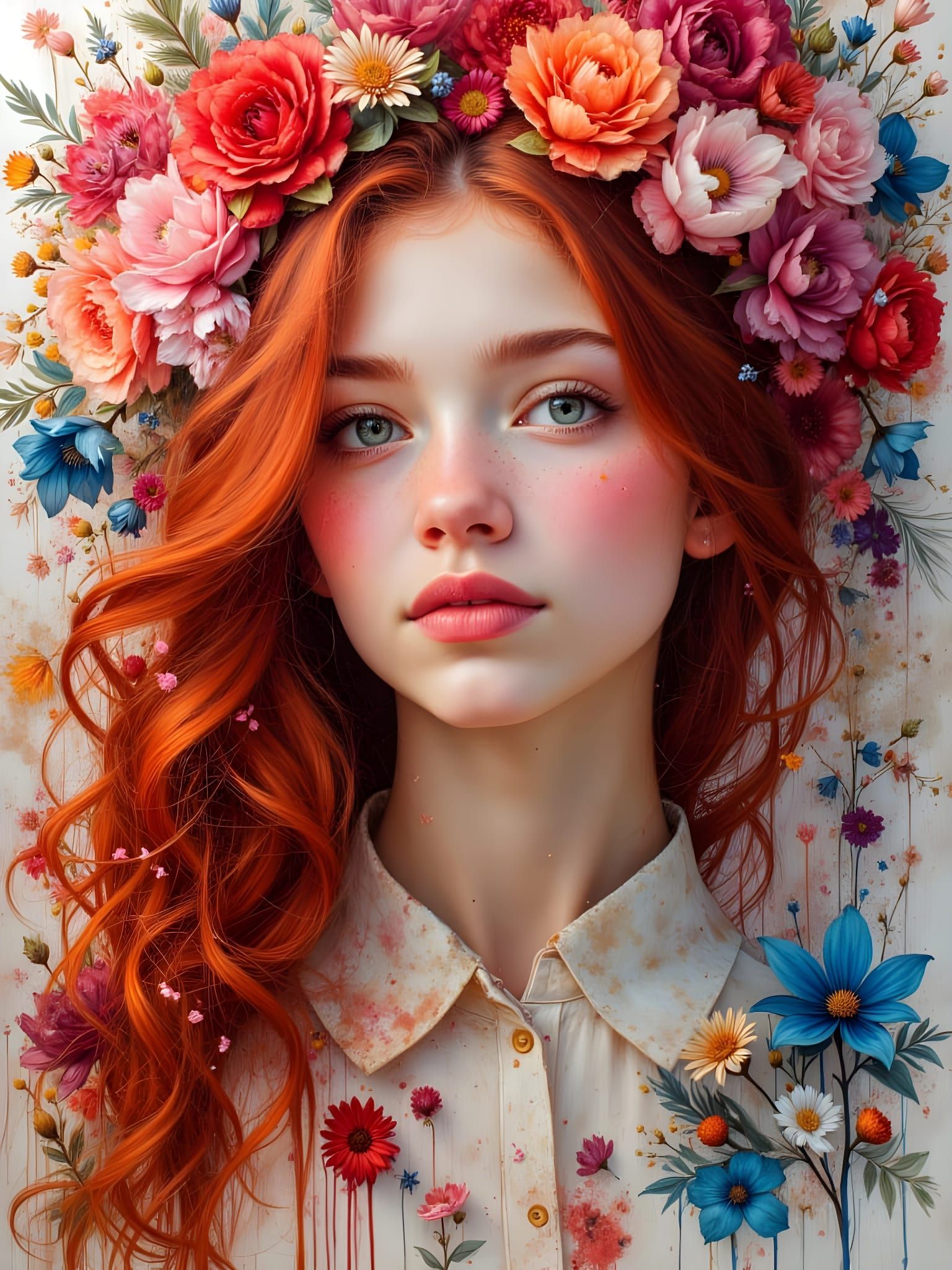 Flower Goddess Double Exposure in Digital Impasto Style