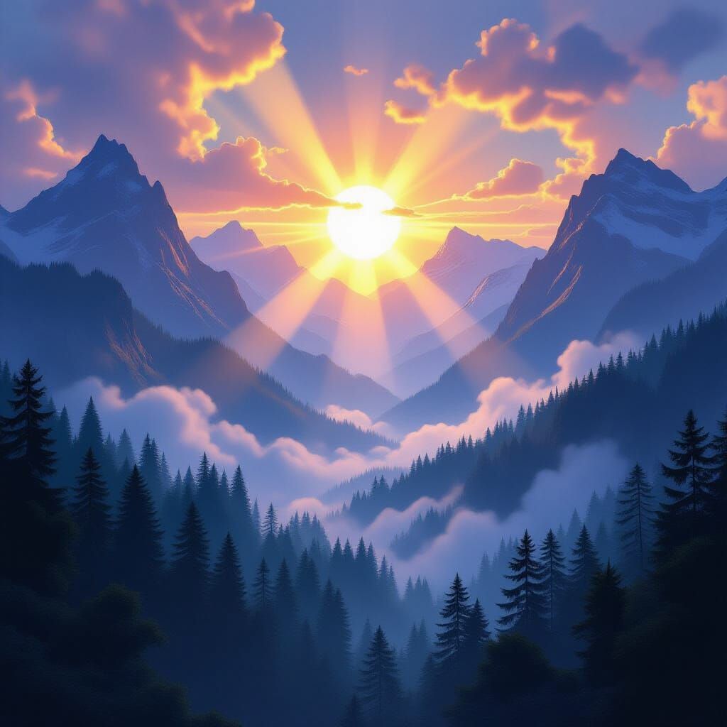 Majestic Sun Over Misty Mountains and Forest