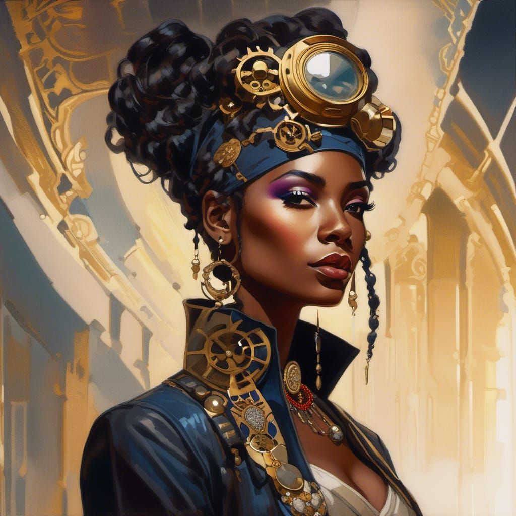 Steampunk Sudanese Woman in Egyptian Watercolor Style