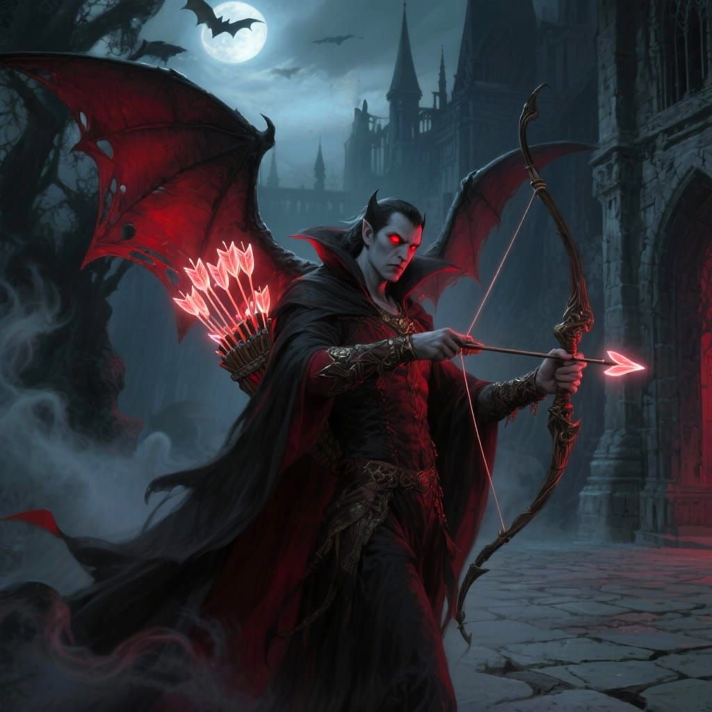 Gothic Vampire Cupid in Shadowed Castle Courtyard