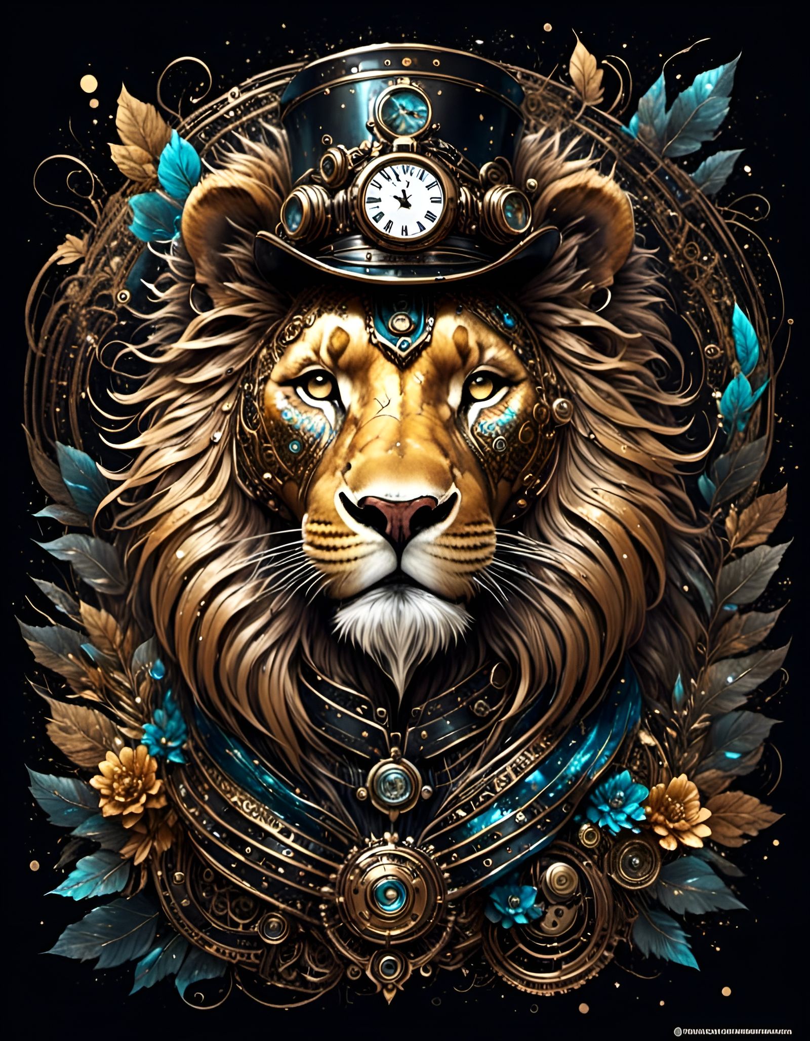 Steampunk Lion Portrait with Golden Luminescent Lines