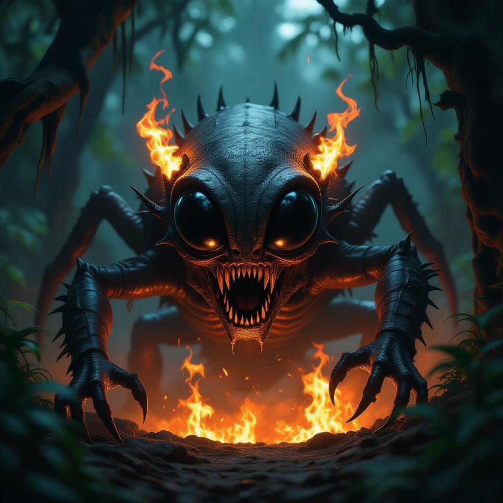 Alien Bug Monster Attacking in Fiery Dark Jungle