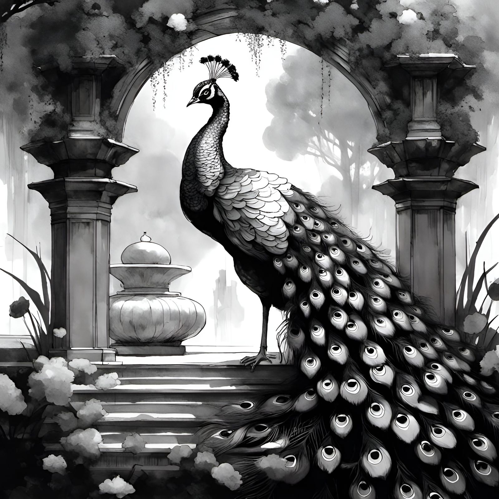 Detailed Ink Drawing of a Peacock in Garden