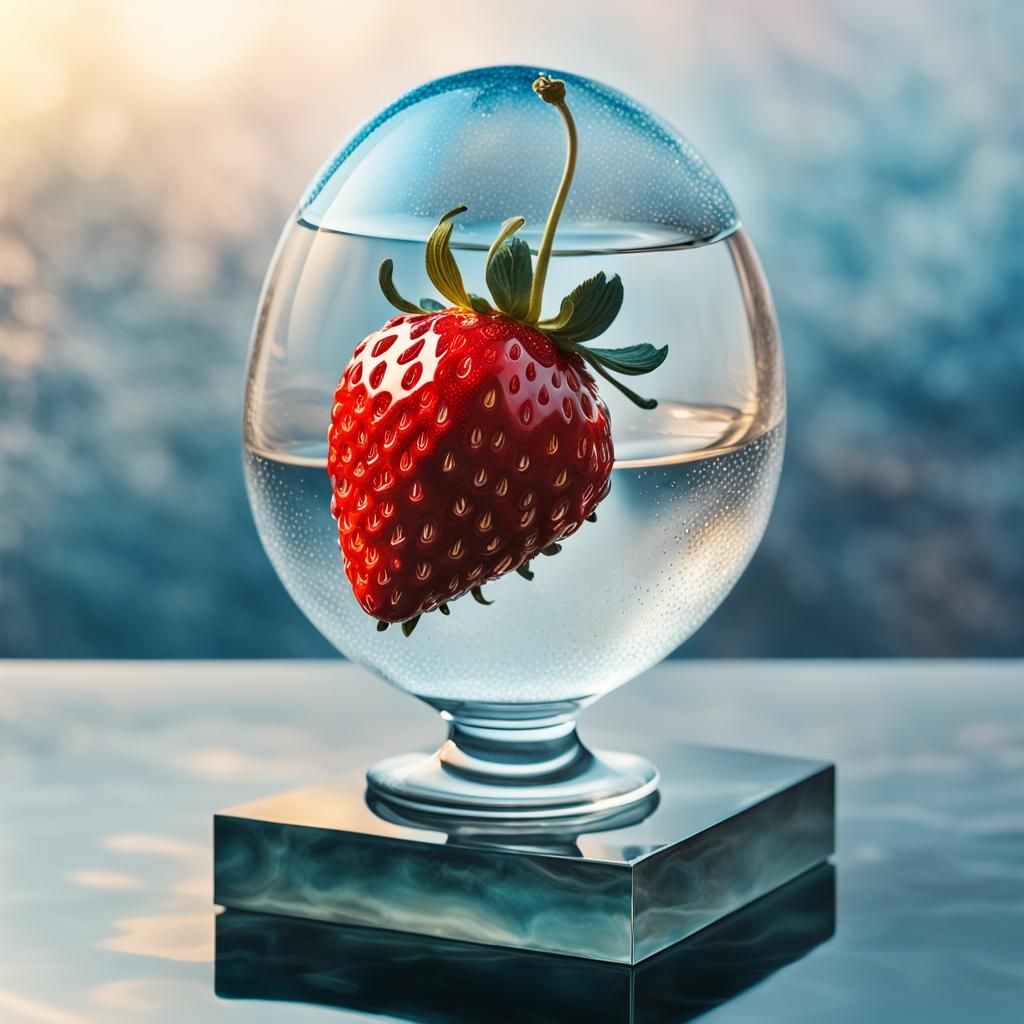 Surreal Glass Strawberry on Misty Pedestal