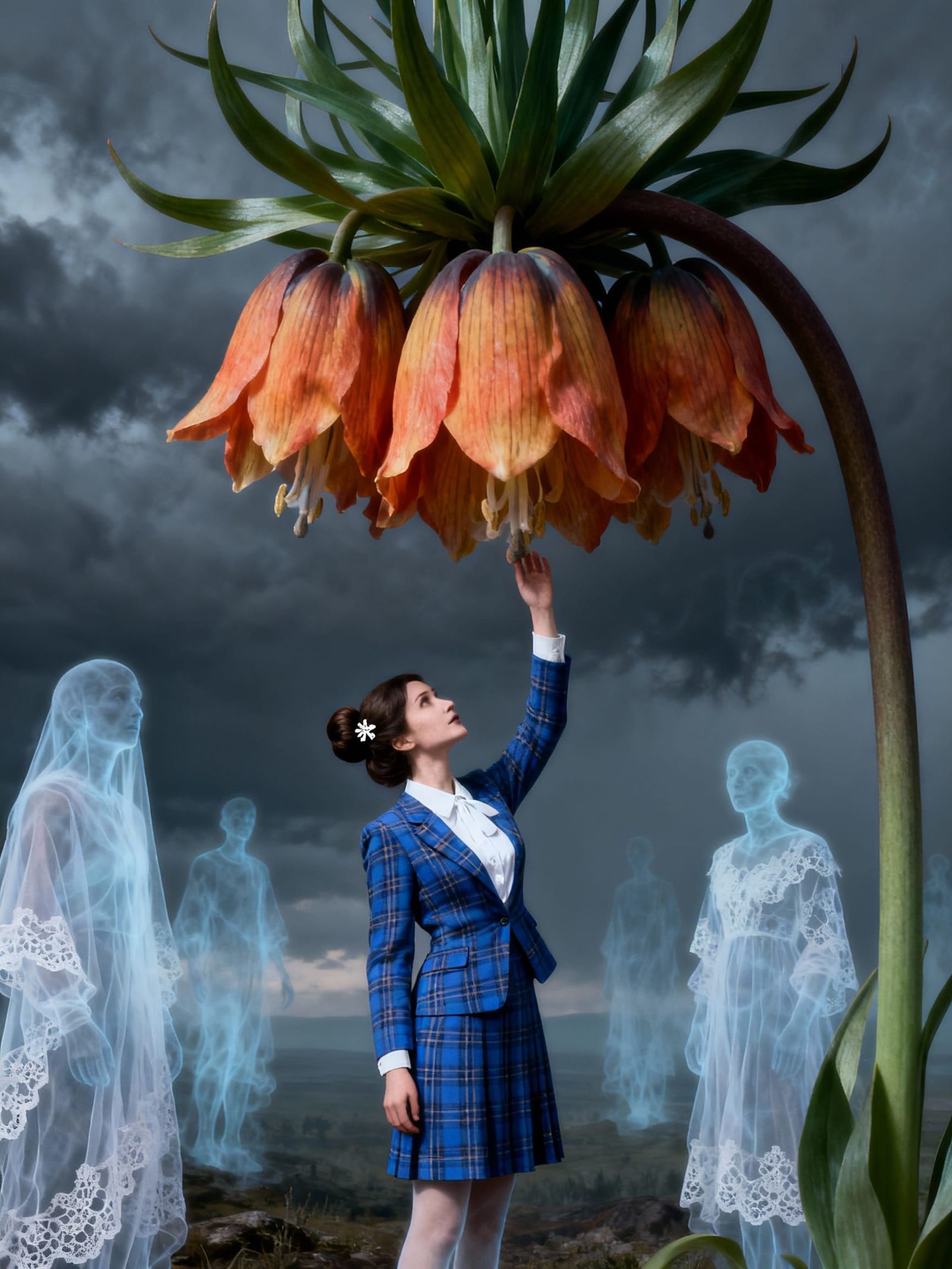 Ethereal Ghost Touches Giant Flower in Surreal Landscape